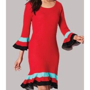 Gabby Skye Red Knit Bell Sleeve Flounce Hem Dress Size Large EUC